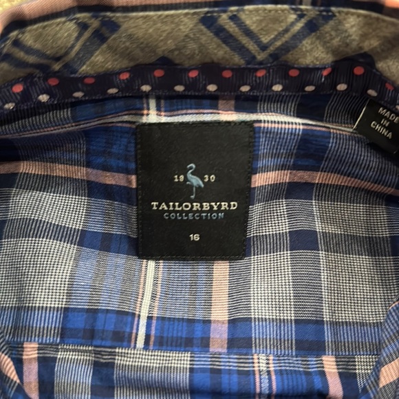 TAILORBYRD BOYS BLUE & PINK PLAID COTTON BUTTON DOWN SHIRT W/ CONTRASTING CUFFS - Picture 3 of 9